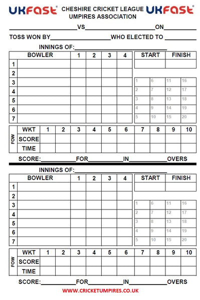 20 Over Match Card - 4 Overs Per Bowler - Cheshire Cricket League