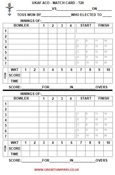 UKAF ACO - 20 Over Match Card - 4 Overs Per Bowler