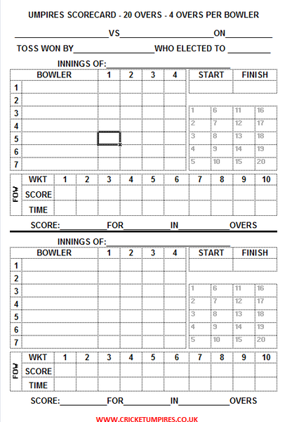 20 Over Match Card - 4 Overs Per Bowler