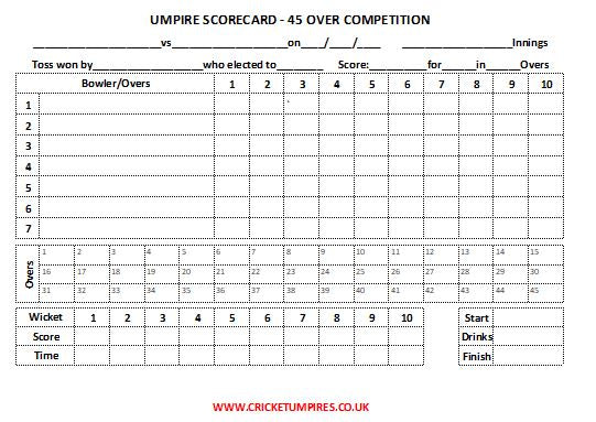 45 Over Match Card - 10 Overs Per Bowler