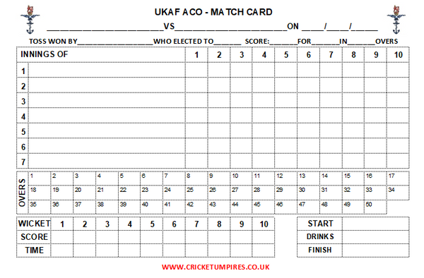 UKAF ACO - 50 Over Match Card - 10 Overs Per Bowler
