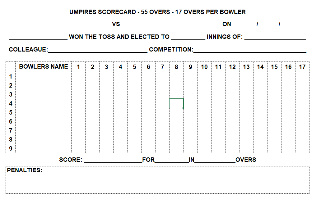 55 Over Match Card - 17 Overs Per Bowler – MNH Cricket Umpires