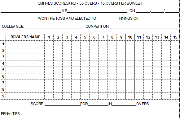 55 Over Match Card - 15 Overs Per Bowler