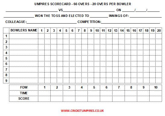 66 Over Match Card - 20 Overs Per Bowler