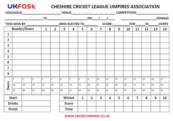 51 Over Match Card - 14 Overs Per Bowler - Cheshire Cricket League