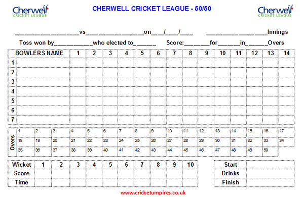 50 Over Match Card - 14 Overs Per Bowler - Cherwell Cricket League