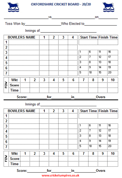 20 Over Match Card - 4 Overs Per Bowler - Oxfordshire Cricket Board